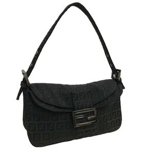 Fendi Mamma Bucket Shoulder Bag Handbag Zucca Flap Strap Black
